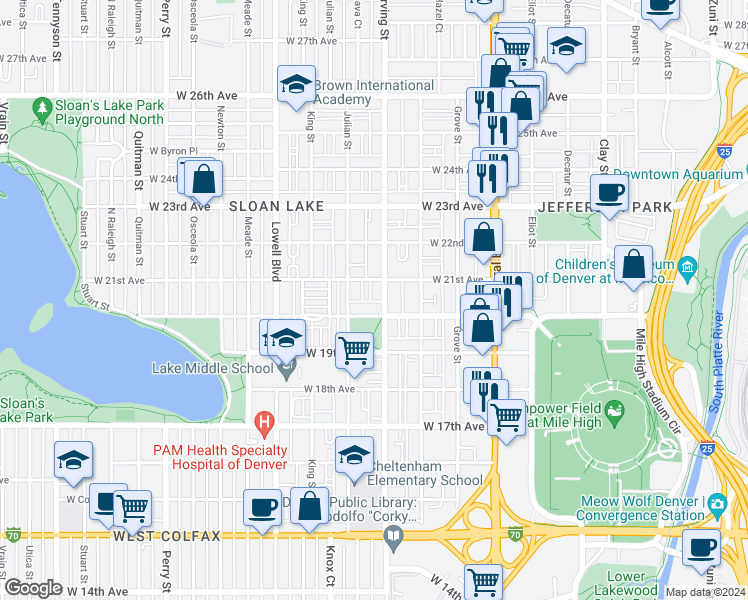 map of restaurants, bars, coffee shops, grocery stores, and more near 2033 Irving Street in Denver