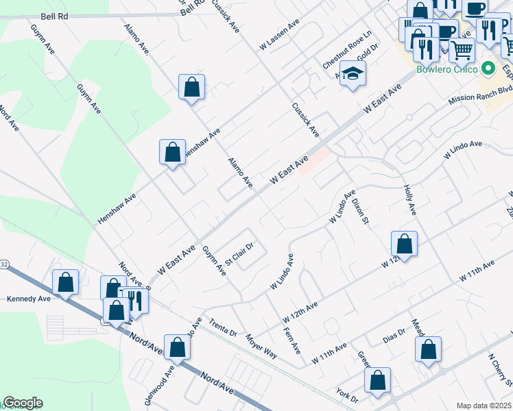 map of restaurants, bars, coffee shops, grocery stores, and more near in Chico