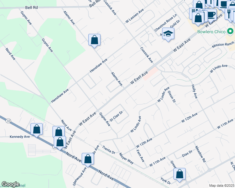 map of restaurants, bars, coffee shops, grocery stores, and more near 800 West East Avenue in Chico