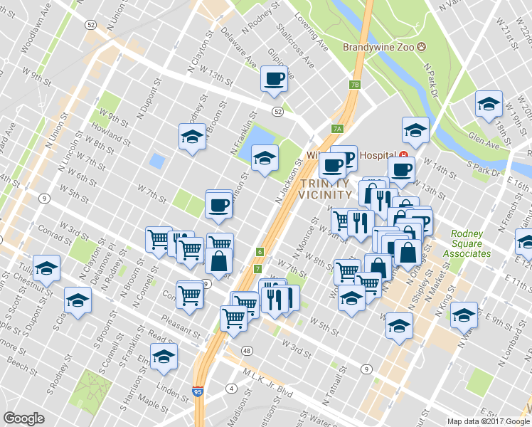 map of restaurants, bars, coffee shops, grocery stores, and more near in Wilmington