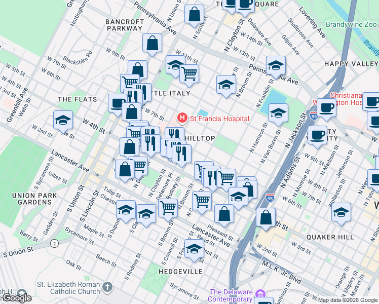 map of restaurants, bars, coffee shops, grocery stores, and more near in Wilmington