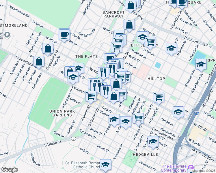 map of restaurants, bars, coffee shops, grocery stores, and more near 1923 West 3rd Street in Wilmington