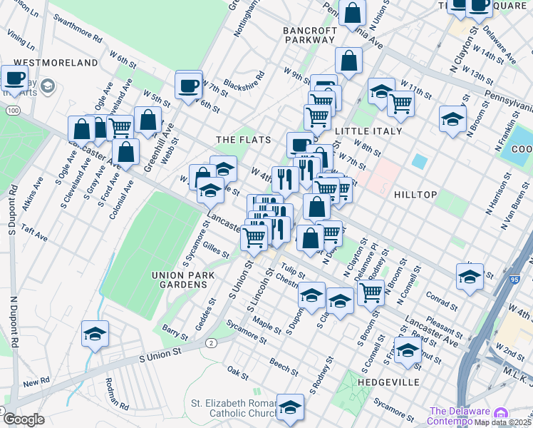 map of restaurants, bars, coffee shops, grocery stores, and more near 210 North Bancroft Parkway in Wilmington