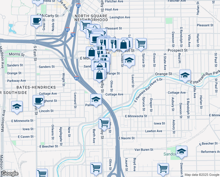 map of restaurants, bars, coffee shops, grocery stores, and more near 1406 Olive Street in Indianapolis