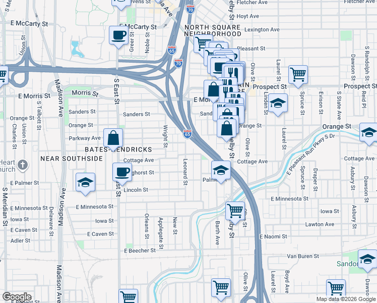 map of restaurants, bars, coffee shops, grocery stores, and more near 1401 Leonard Street in Indianapolis