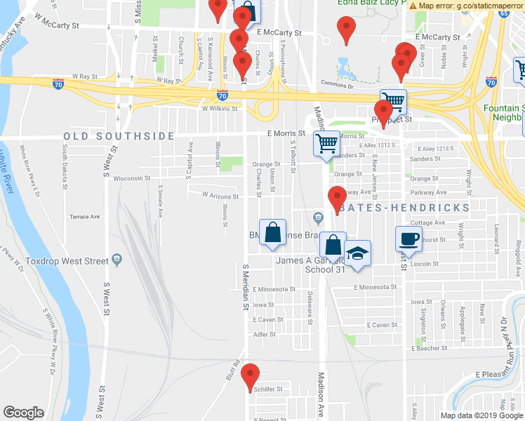 map of restaurants, bars, coffee shops, grocery stores, and more near 1410 Charles Street in Indianapolis