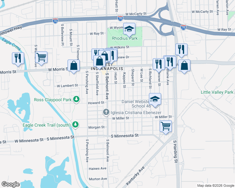map of restaurants, bars, coffee shops, grocery stores, and more near 1326 Hiatt Street in Indianapolis