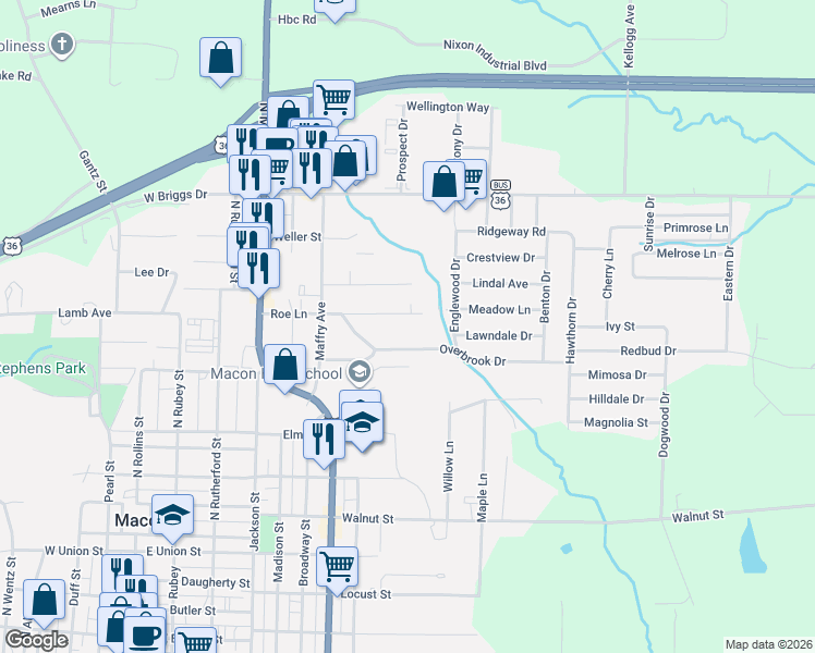 map of restaurants, bars, coffee shops, grocery stores, and more near in Macon