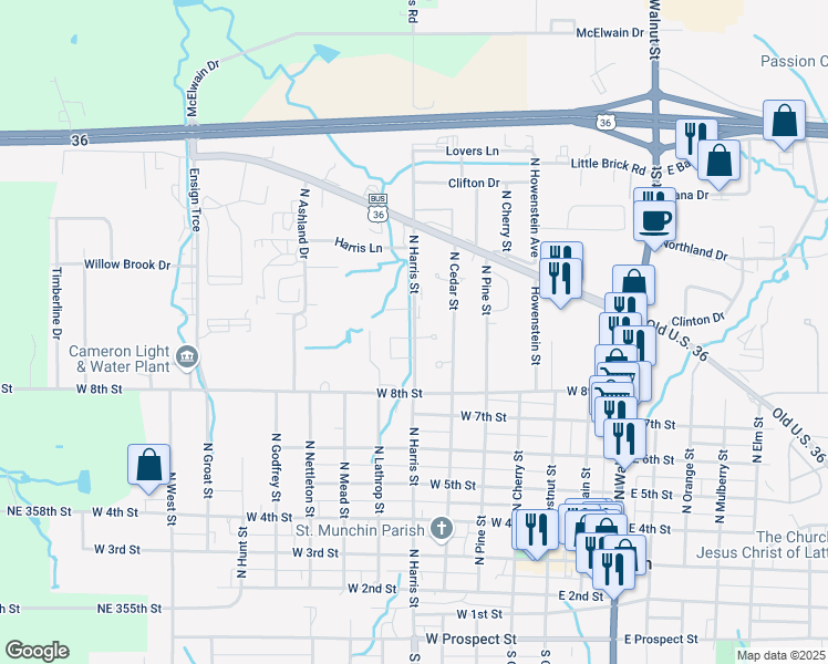 map of restaurants, bars, coffee shops, grocery stores, and more near 920 North Harris Street in Cameron