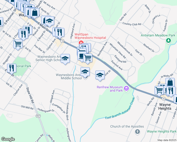 map of restaurants, bars, coffee shops, grocery stores, and more near 702 East 2nd Street in Waynesboro