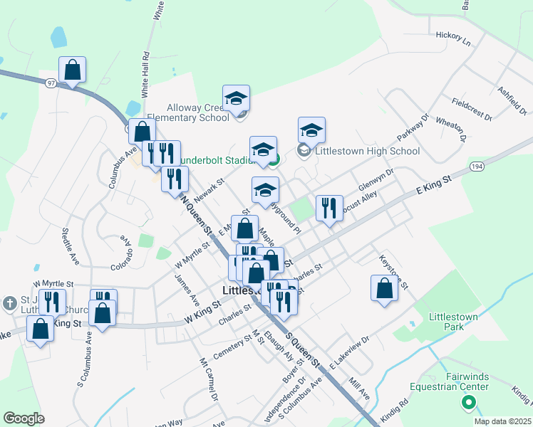 map of restaurants, bars, coffee shops, grocery stores, and more near 75 Maple Avenue in Littlestown