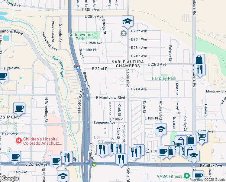 map of restaurants, bars, coffee shops, grocery stores, and more near 14389 East Montview Boulevard in Aurora