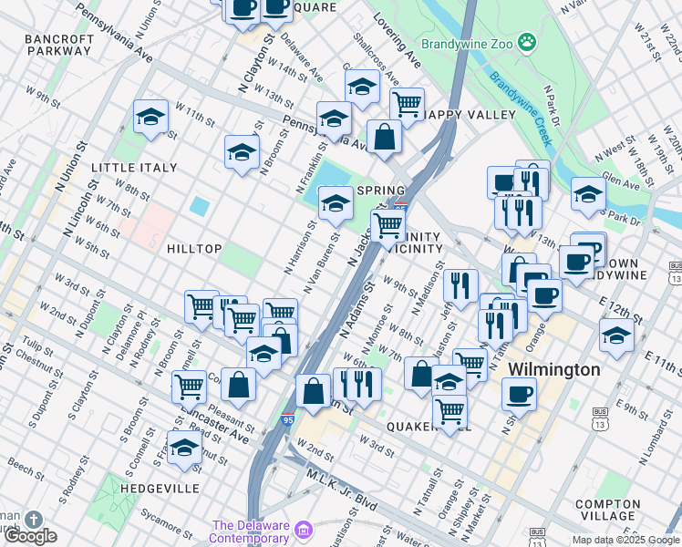 map of restaurants, bars, coffee shops, grocery stores, and more near 815 North Jackson Street in Wilmington