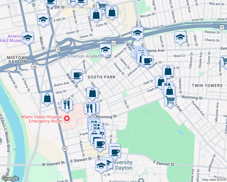 map of restaurants, bars, coffee shops, grocery stores, and more near 14 Johnson Street in Dayton
