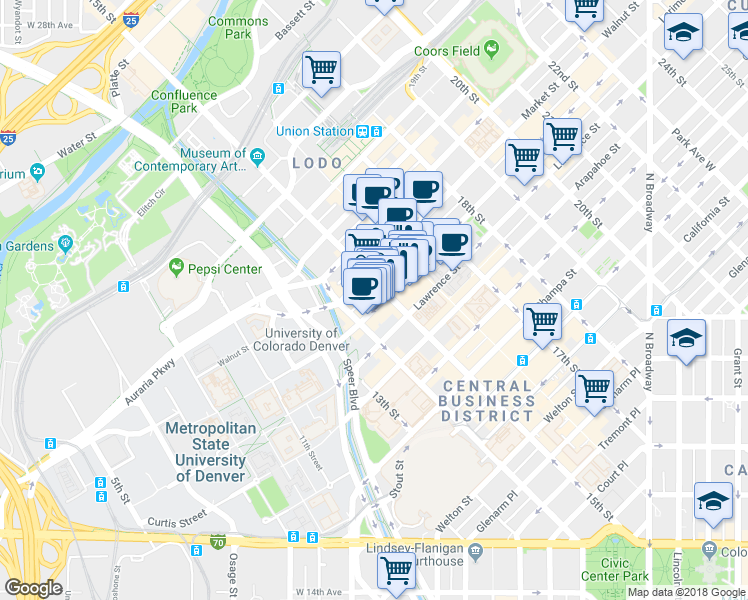 map of restaurants, bars, coffee shops, grocery stores, and more near 1445 Larimer Street in Denver