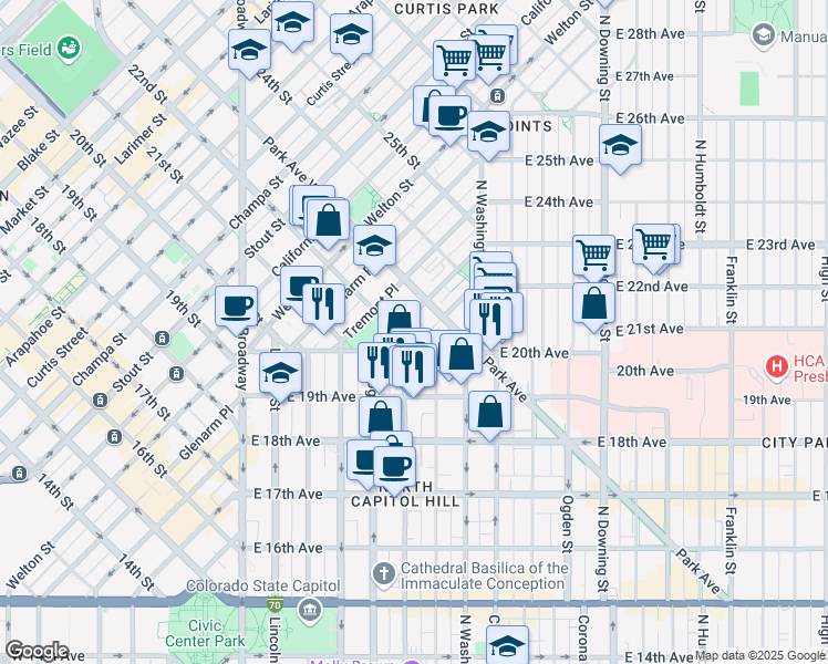 map of restaurants, bars, coffee shops, grocery stores, and more near 290 Park Avenue West in Denver