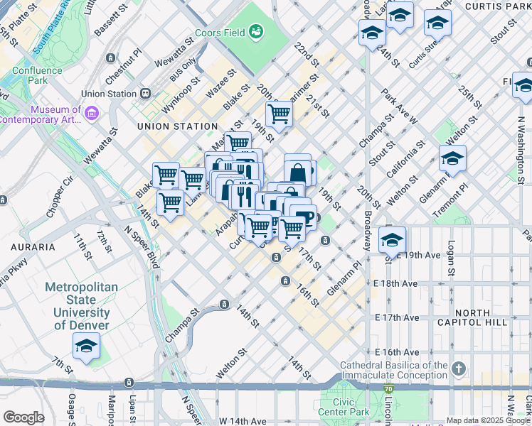 map of restaurants, bars, coffee shops, grocery stores, and more near 999 17th Street in Denver