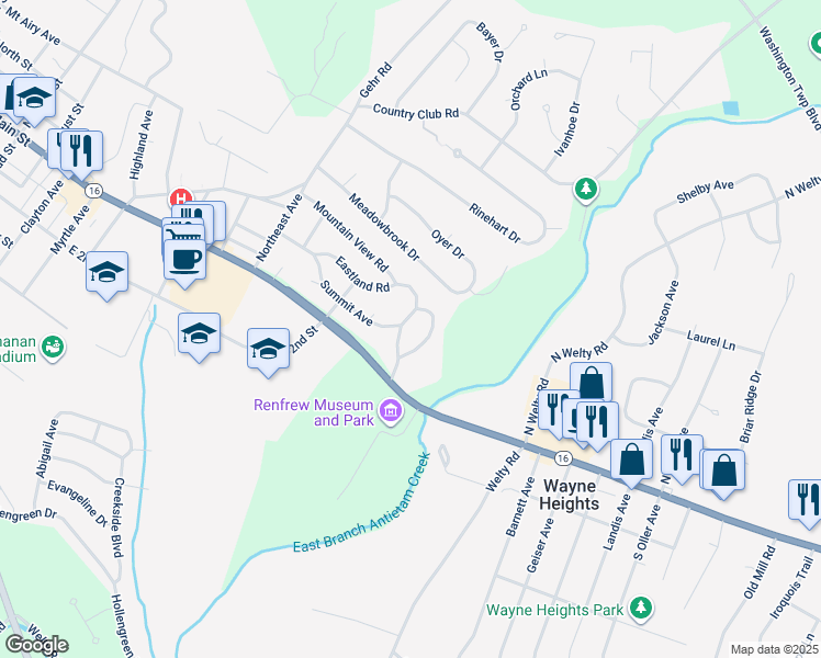 map of restaurants, bars, coffee shops, grocery stores, and more near 27 Eastland Circle in Waynesboro