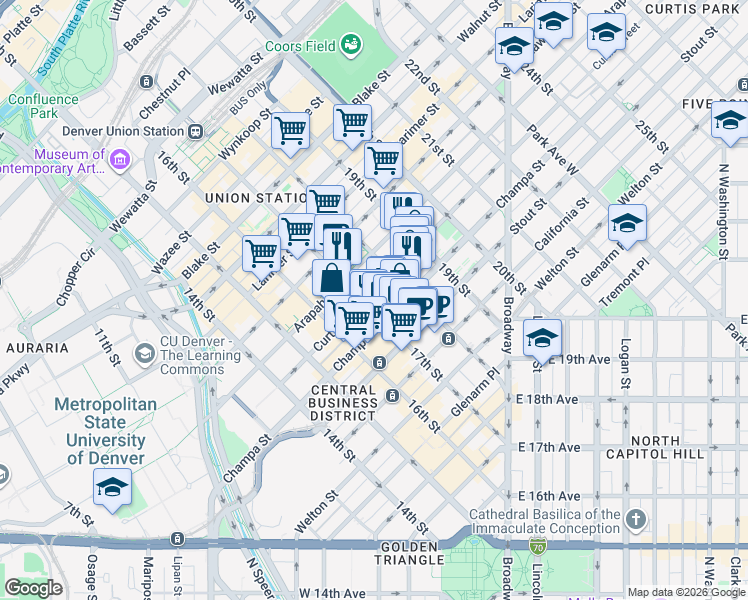 map of restaurants, bars, coffee shops, grocery stores, and more near 1776 Curtis Street in Denver