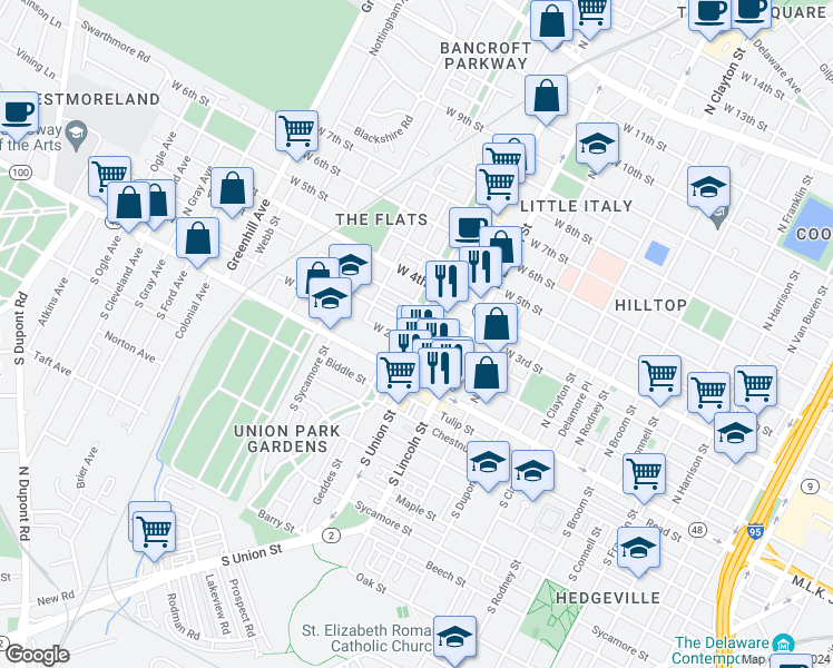 map of restaurants, bars, coffee shops, grocery stores, and more near 210 North Bancroft Parkway in Wilmington