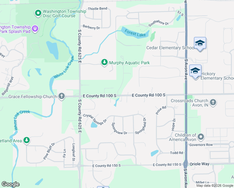 map of restaurants, bars, coffee shops, grocery stores, and more near 6476 East County Road 100 South in Avon