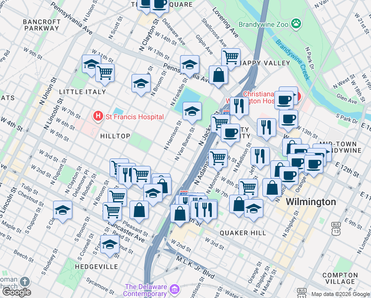 map of restaurants, bars, coffee shops, grocery stores, and more near 815 North Van Buren Street in Wilmington