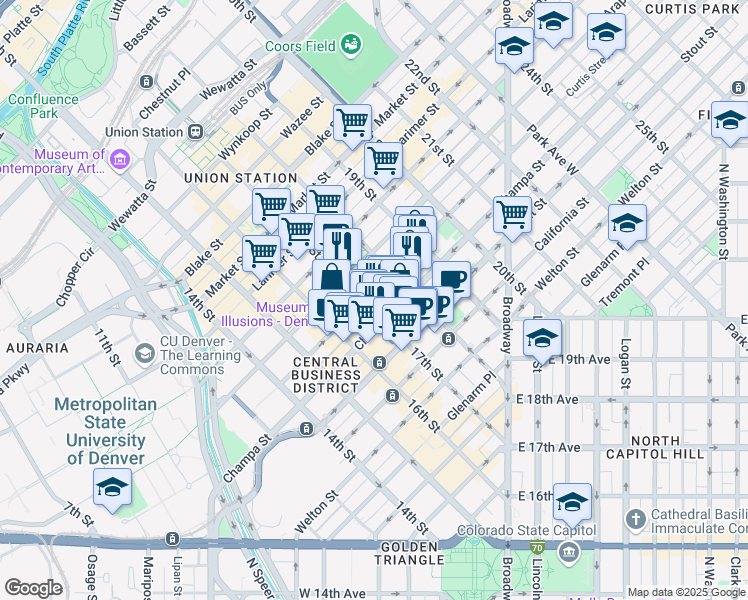 map of restaurants, bars, coffee shops, grocery stores, and more near 999 17th Street in Denver