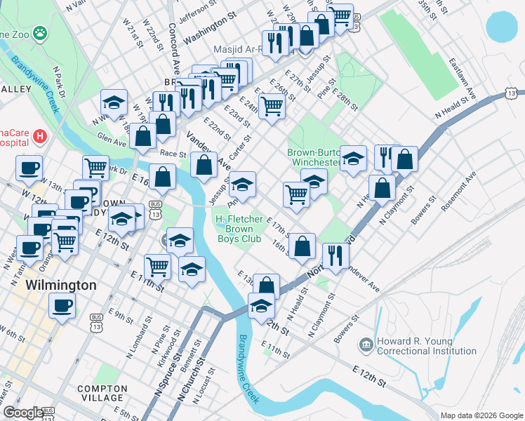 map of restaurants, bars, coffee shops, grocery stores, and more near 720 Vandever Avenue in Wilmington