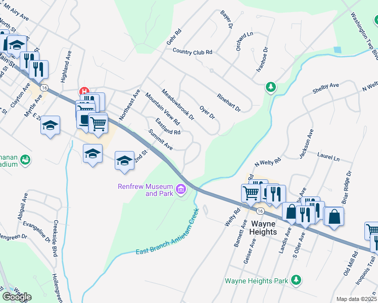 map of restaurants, bars, coffee shops, grocery stores, and more near 27 Eastland Circle in Waynesboro