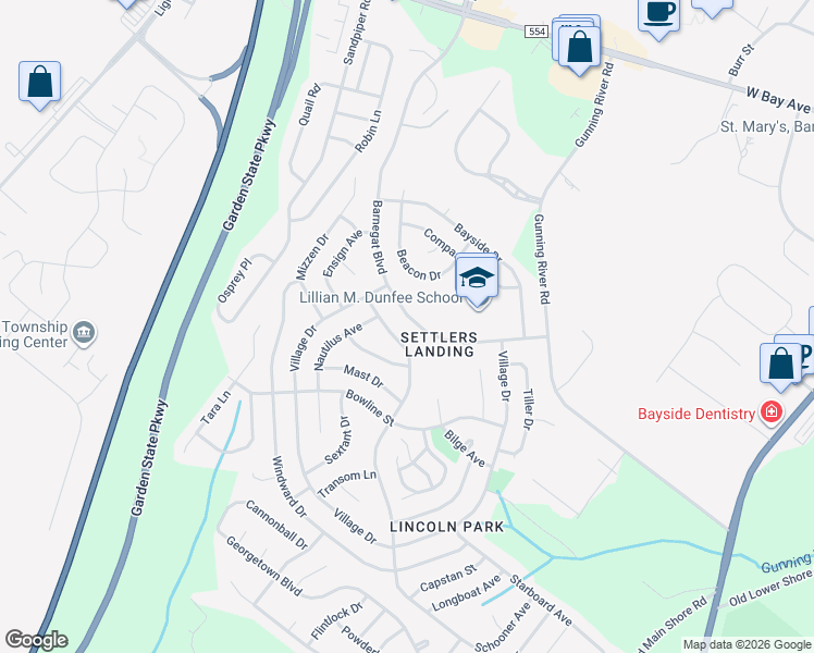 map of restaurants, bars, coffee shops, grocery stores, and more near 115 Barnegat Boulevard in Barnegat Township