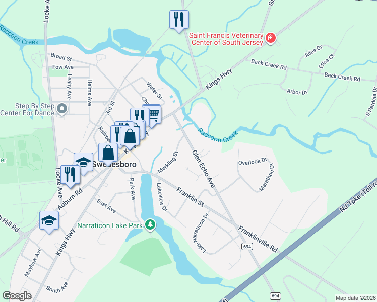 map of restaurants, bars, coffee shops, grocery stores, and more near 30 Glen Echo Avenue in Swedesboro