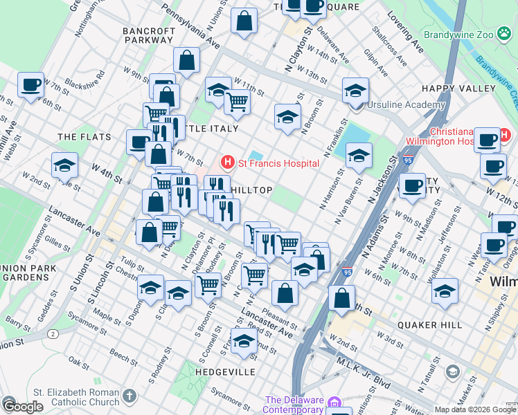 map of restaurants, bars, coffee shops, grocery stores, and more near in Wilmington