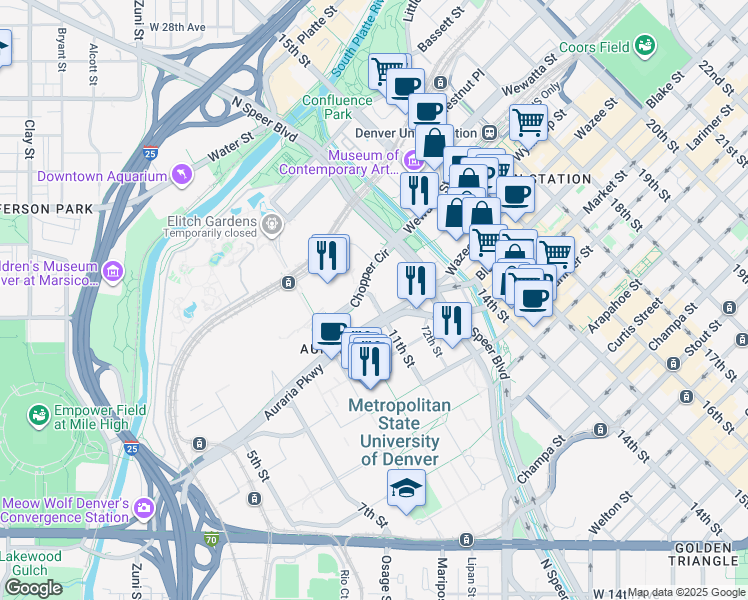 map of restaurants, bars, coffee shops, grocery stores, and more near 1501 11th Street in Denver