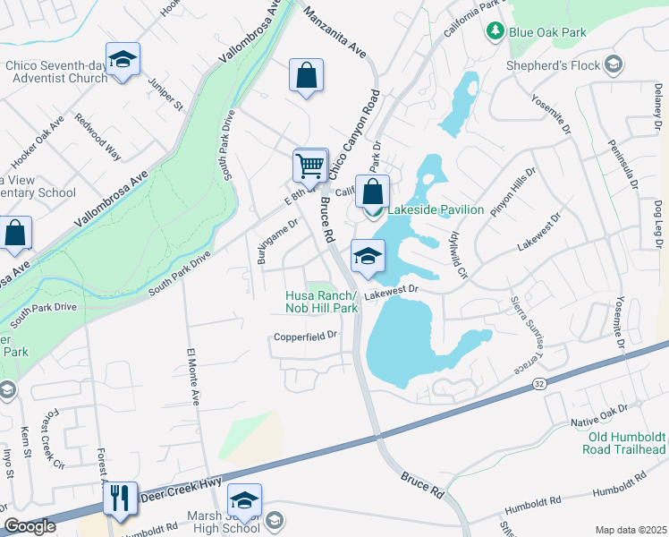 map of restaurants, bars, coffee shops, grocery stores, and more near 853 Coit Tower Way in Chico