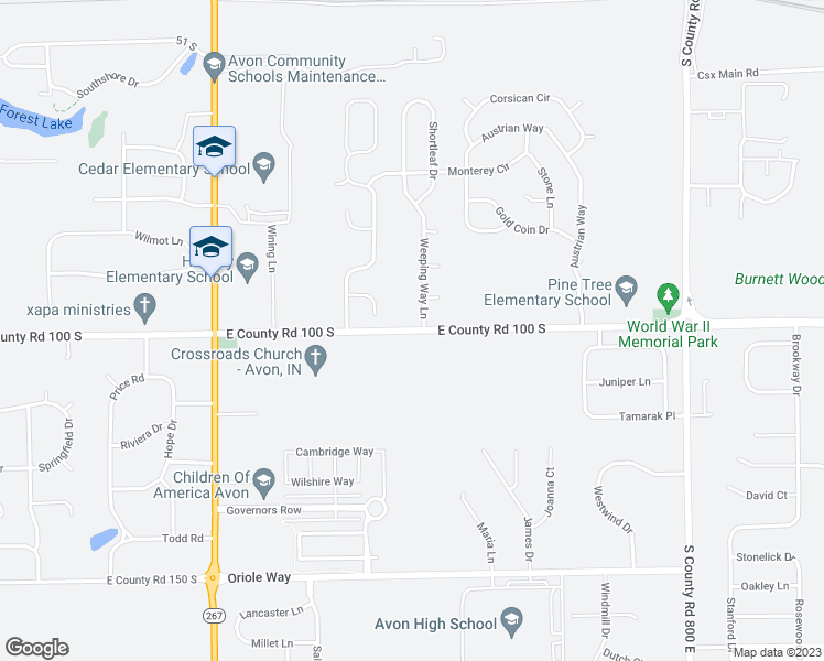 map of restaurants, bars, coffee shops, grocery stores, and more near East County Road 100 South in Hendricks County