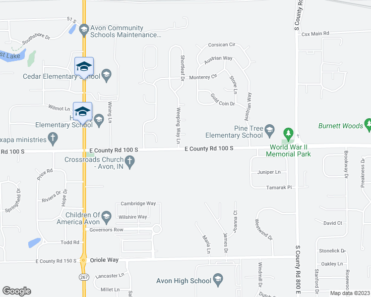 map of restaurants, bars, coffee shops, grocery stores, and more near 7591 East County Road 100 South in Avon