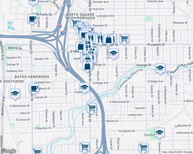 map of restaurants, bars, coffee shops, grocery stores, and more near 1406 Olive Street in Indianapolis