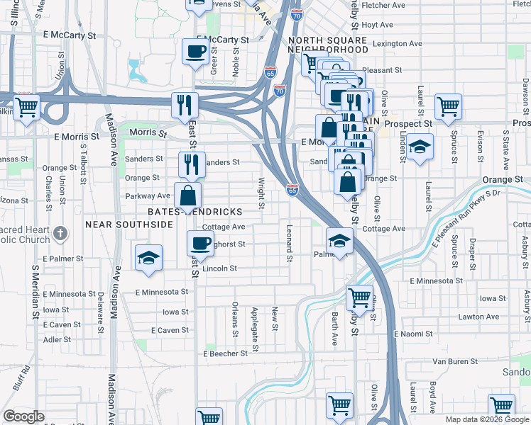 map of restaurants, bars, coffee shops, grocery stores, and more near 1401 Wright Street in Indianapolis
