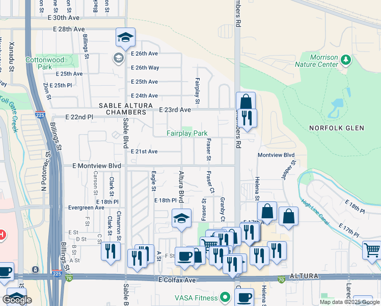 map of restaurants, bars, coffee shops, grocery stores, and more near 2121 Fairplay Street in Aurora