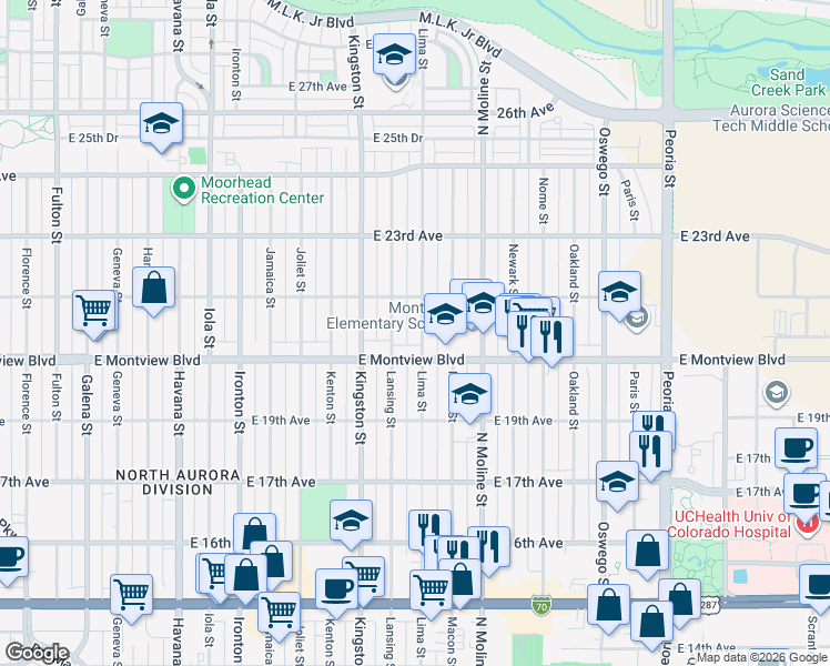 map of restaurants, bars, coffee shops, grocery stores, and more near 2050 Lima Street in Aurora