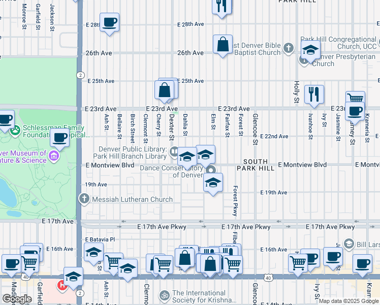 map of restaurants, bars, coffee shops, grocery stores, and more near 2051 Eudora Street in Denver