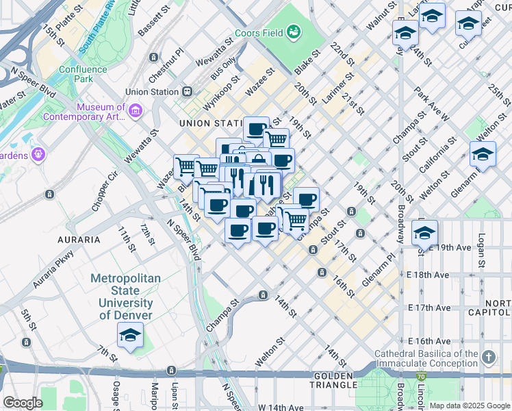 map of restaurants, bars, coffee shops, grocery stores, and more near 1201 16th Street Mall in Denver
