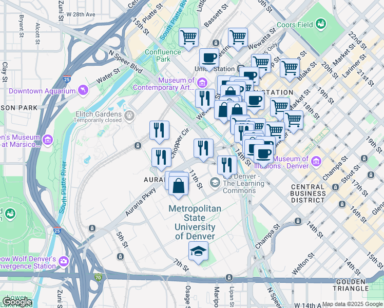 map of restaurants, bars, coffee shops, grocery stores, and more near in Denver