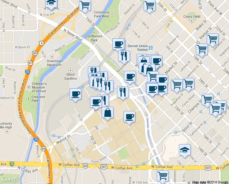 map of restaurants, bars, coffee shops, grocery stores, and more near in Denver
