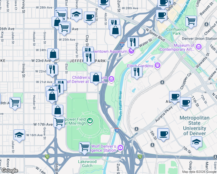map of restaurants, bars, coffee shops, grocery stores, and more near 2050 Bryant Street in Denver