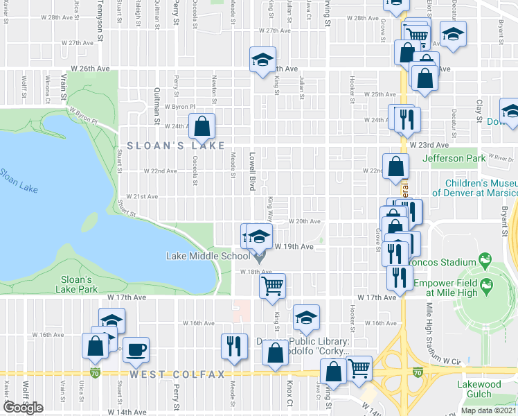 map of restaurants, bars, coffee shops, grocery stores, and more near 2040 Lowell Boulevard in Denver