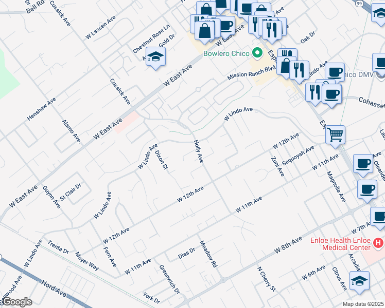 map of restaurants, bars, coffee shops, grocery stores, and more near 2270 Holly Avenue in Chico