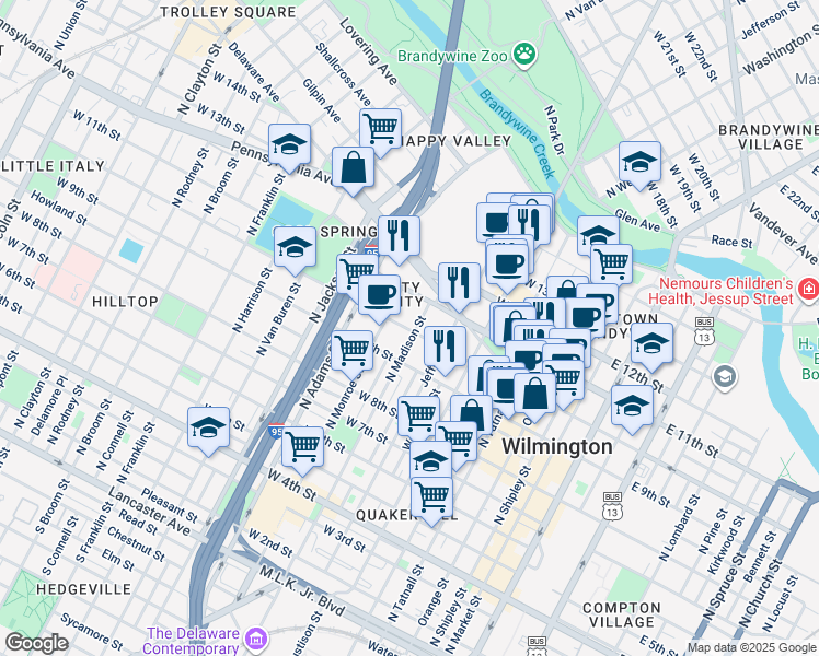 map of restaurants, bars, coffee shops, grocery stores, and more near 612W West 11th Street in Wilmington