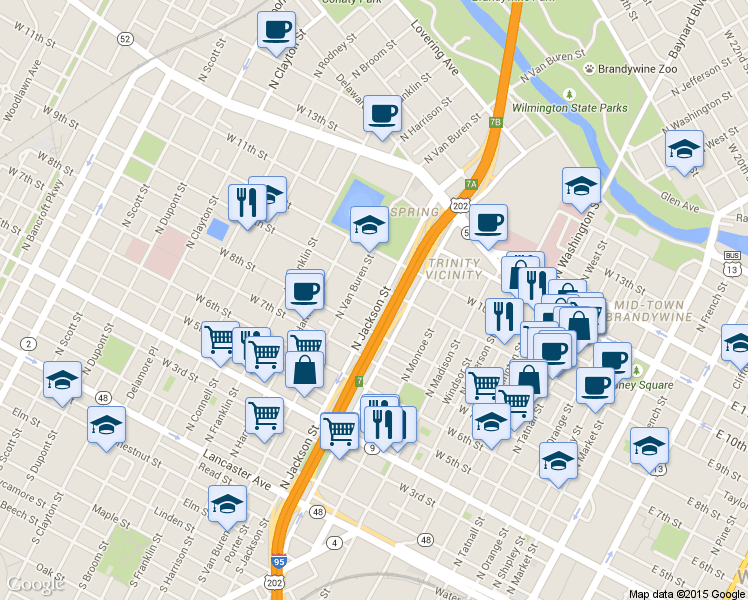 map of restaurants, bars, coffee shops, grocery stores, and more near in Wilmington