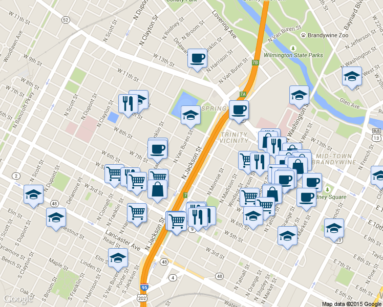 map of restaurants, bars, coffee shops, grocery stores, and more near in Wilmington